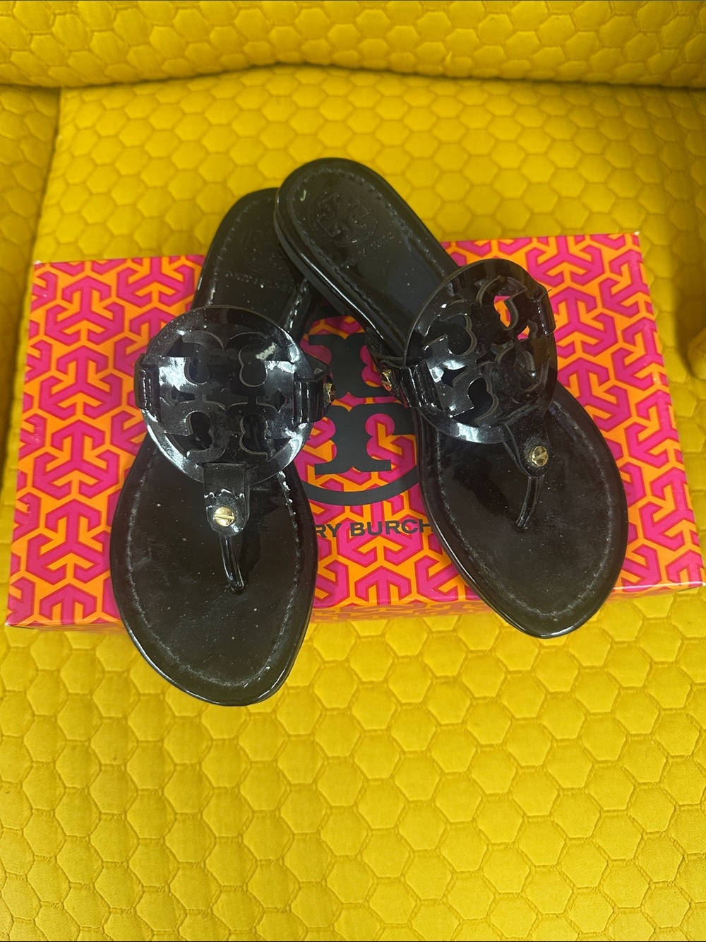Tory Burch Black Patent Logo Thong Sandals